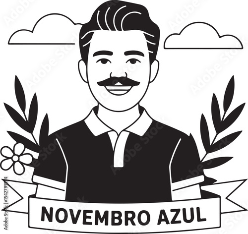 Line drawing of smiling man with mustache labeled “Novembro Azul” promoting prostate health and men’s health awareness month
