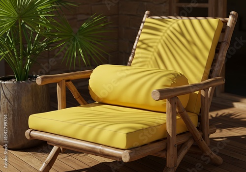 Comfortable outdoor seating featuring a yellow cushioned bamboo lounge chair