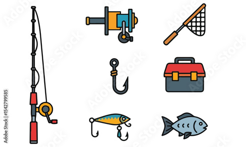 Fishing Tackle and Gear Icons, flat design icons representing essential fishing equipment, including a complete fishing rod, a separate reel, a landing net, a fishing hook, a colorful lure with hooks,
