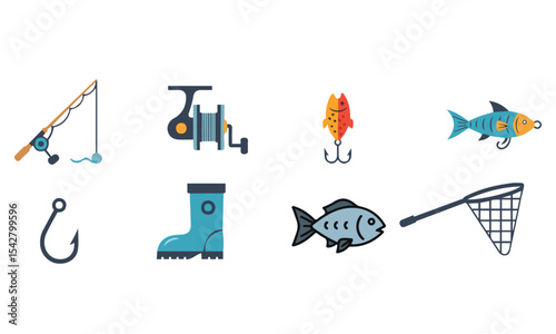  Flat Design Fishing Gear Icons, flat design icons representing essential fishing equipment and elements, including a fishing rod, reel, lure, various fish, a hook, fishing boots, and a landing net.