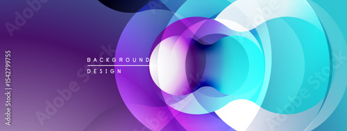 Abstract circles overlap, creating vibrant gradients. Purple, blue, white hues blend smoothly. Modern design element for backgrounds.