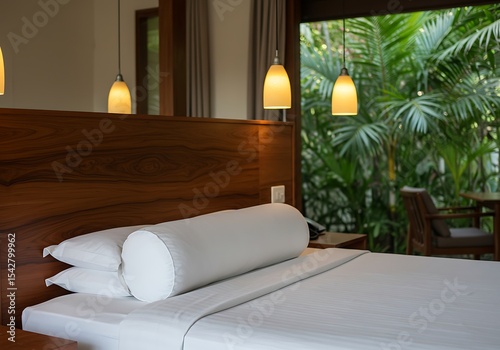 Cozy and luxurious bedroom with a view of lush tropical greenery from the window