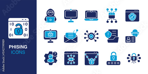 Phishing icon set. Containing hacker, mail scam, warning alert, bug monitor, ID theft, and more. Solid vector icons collection. Vector illustration.
