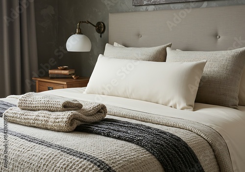 Cozy and inviting bedroom scene with soft bedding and warm textures at home