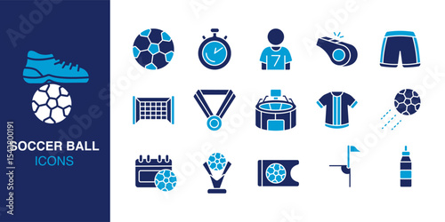 Soccer Ball icon set. Containing ball, boot, stopwatch, stadium, medal, corner flag, and more. Solid vector icons collection. Vector illustration.