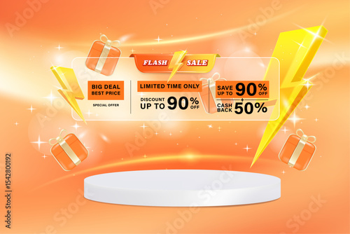 3D product display podium. Composition design with coupon discount and 3D thunder bolt. Flash Sale banner template design for web or social media. Vector banner template.