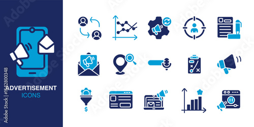 Advertisement icon set. Containing mobile ads, graph, megaphone, marketing strategy, targeting, and more. Solid vector icons collection. Vector illustration.