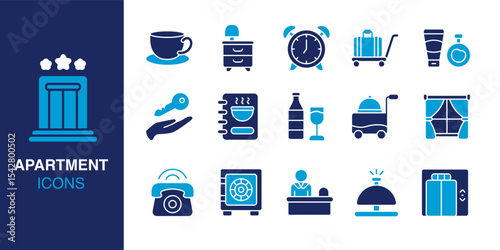Apartment icon set. Containing key handover, bell service, alarm, curtain, minibar, and more. Solid vector icons collection. Vector illustration.