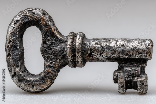 An ancient metal key, with intricate details that highlight its age-old texture and design.