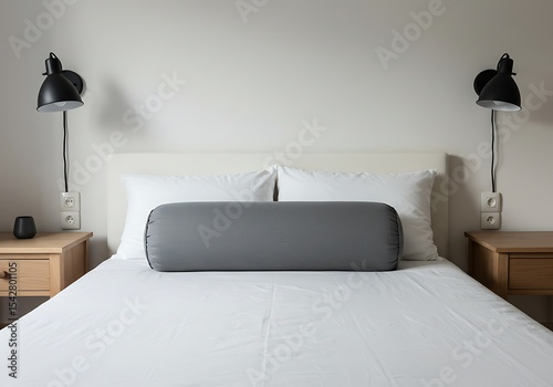 Cozy bedroom scene featuring a neatly made bed with modern wall lamps setup