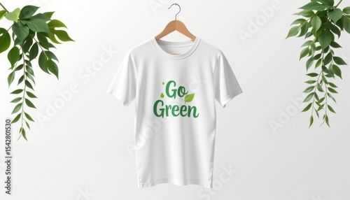 white organic t shirt hanging on a wooden hanger, isolated on white background, eco friendly design printed on the front, featuring a go green slogan with leaf design, realistic 3d render
