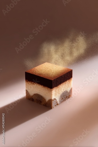 Floating Tiramisu Cube with Gold Dusted Cocoa in Light Cloud