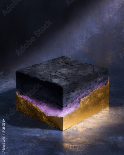 Charcoal Cake in Cube Shape Floating in Dark Void with Light Rim