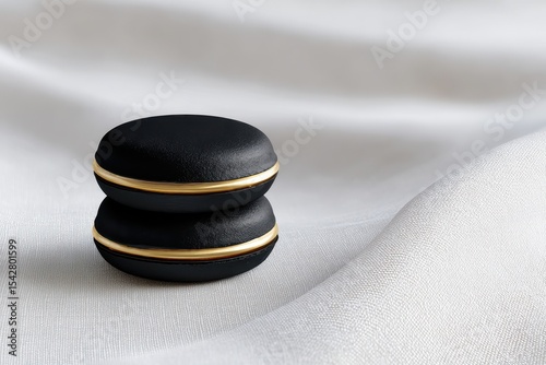 Minimalist Black Macaron Stack with Metallic Powder Rim and Light