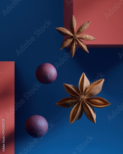 Star Anise and Cardamom Floating in Cosmic Colorful Background