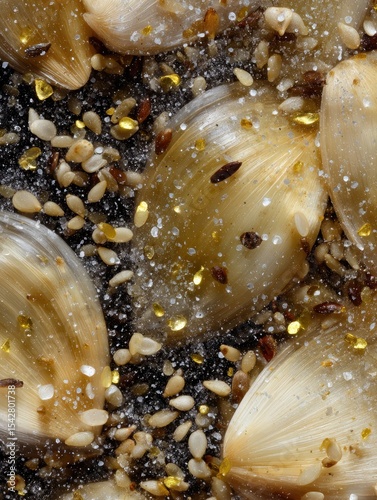 Close-Up of Coriander Seeds and Shell Fragments on Dark Surface
