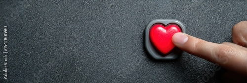 Finger Pressing a Red Panic Button Shaped Like a Heart on a Dark Surface, Expressing Urgency and a Call for Help