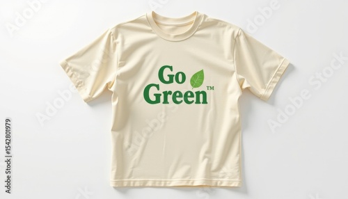 cream colored eco friendly shirt laid flat, isolated on white background, eco friendly design printed on the front, featuring a go green slogan with leaf design, realistic 3d render