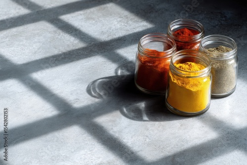 Colorful Spice Mixes in Glass Jars on Concrete Surface