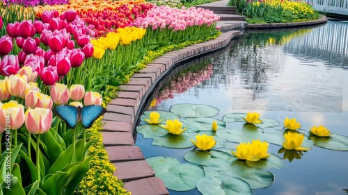 Colorful tulip garden with brick path curving around pond filled with yellow water lilies and butterfly on leaf. Nature concept