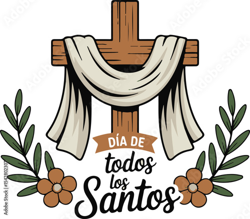 Cross with cloth and floral banner featuring “Día de todos los Santos” message for All Saints Day celebration artwork
