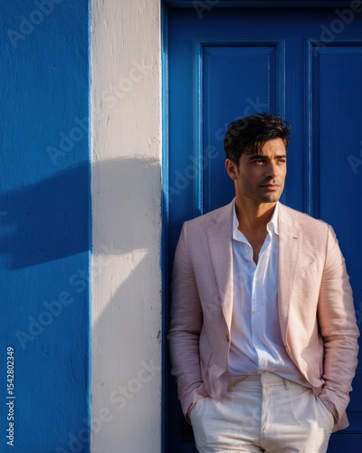 Relaxed Man in Pastel Blazer by Royal Blue Door Looking Focused