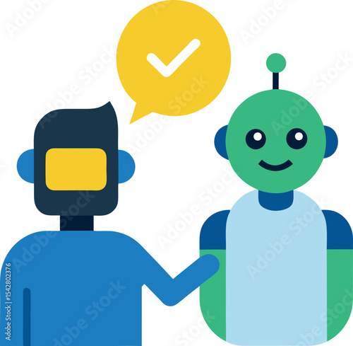Futuristic AI Helper With Yellow Check Icon And Human