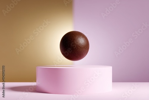 Chocolate Truffle Floating Above Minimal Pink Podium with Golden Background