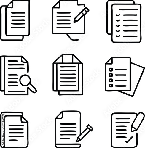 Clipboard Line Icons Collection, Task done, Project completed, Project reject, Clipboard data analysis, Clipboard with gear, Survey. Extra options, Application form and more, vector illustration