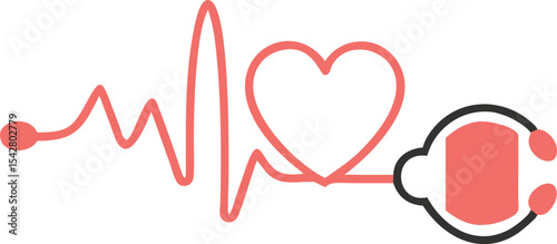 Stethoscope and a silhouette of the heart and ECG. vector Illustration