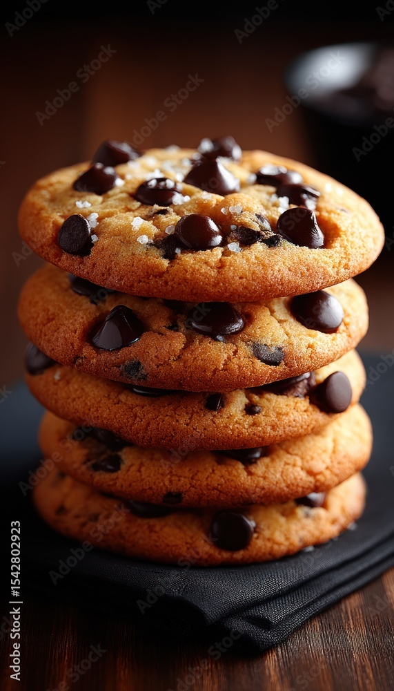 Stack of chocolate chip cookies on dark cloth Stack of chocolate chip cookies on dark cloth