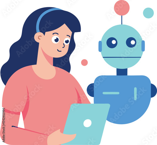 Woman Discovering Content With AI Robot Assistance