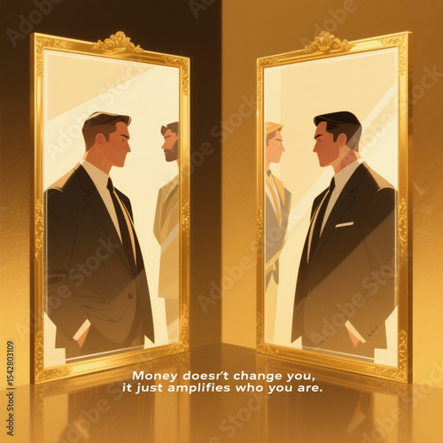 Two men are reflected in a gold frame. The words 