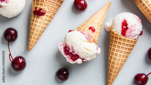 Overhead shot of ice cream cones with cherry topping, placed on a smooth gray surface. 