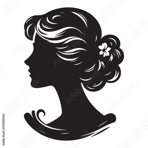 A black and white vector silhouette of a romantic cameo design with vintage charm on a white background.