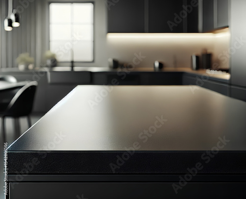Empty Black Clean countertop on contemporary kitchen interior for product display. Elegant Minimal interior setting. 