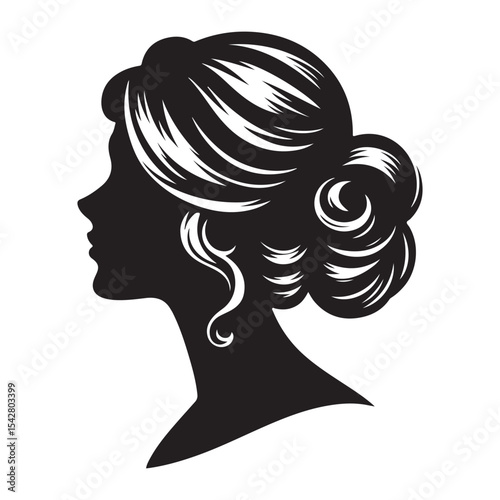 A black and white vector silhouette of a romantic cameo design with vintage charm on a white background.