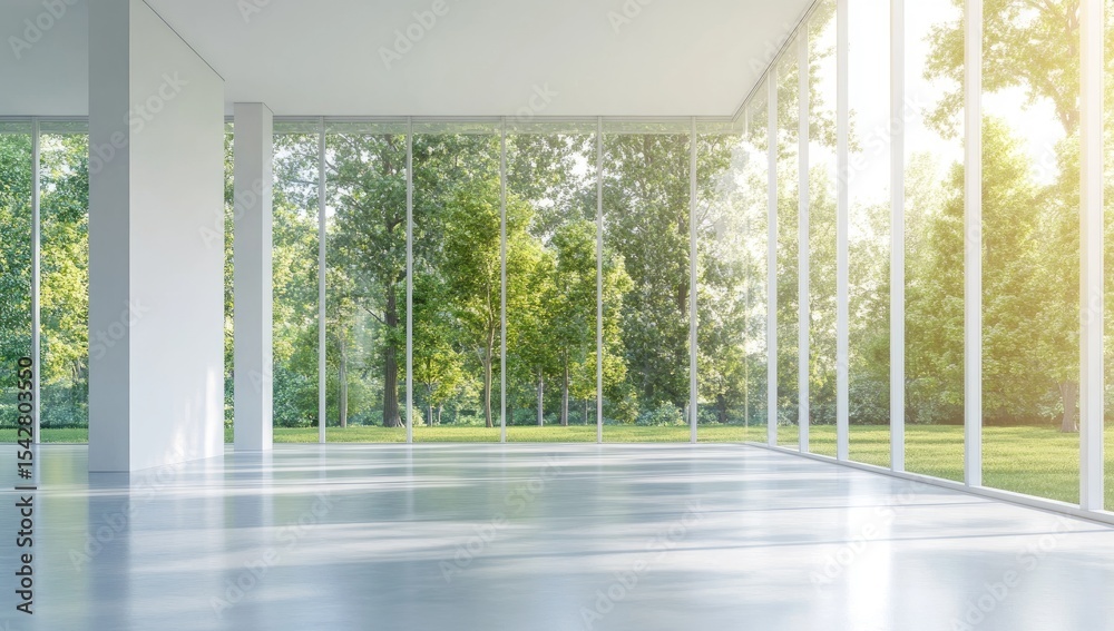 Fototapeta premium Empty modern space with large windows overlooking a lush park