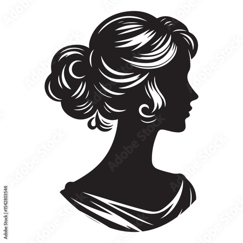 A black and white vector silhouette of a romantic cameo design with vintage charm on a white background.