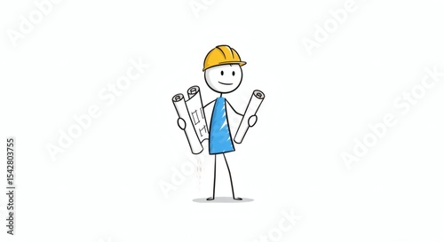 Construction Worker Holding Blueprints Stick Figure Illustration