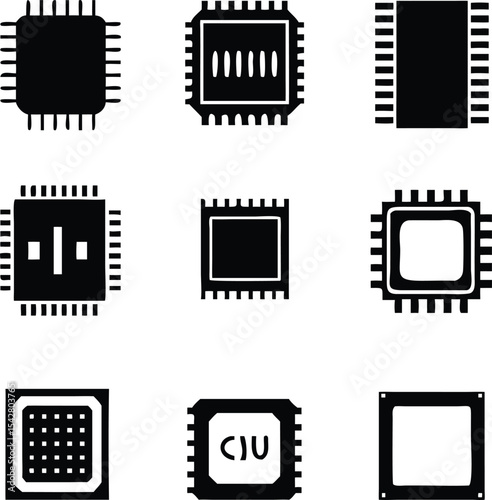 Central Processing Unit and Chips Icons Set. Vector