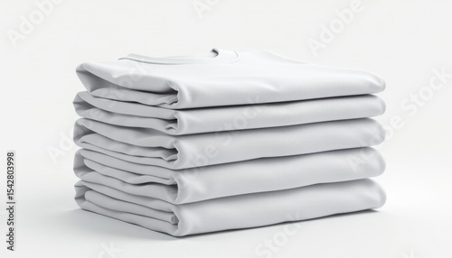 white shirt neatly stacked in a folded pile, isolated on white background, eco friendly design printed on the front, featuring a go green slogan with leaf design, realistic 3d render
