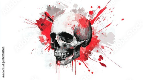 Trash Polka tattoo with red paint splashes and realistic skull