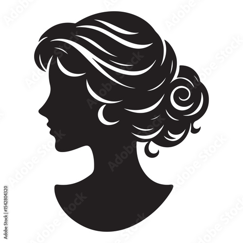 A black and white vector silhouette of a romantic cameo design with vintage charm on a white background.