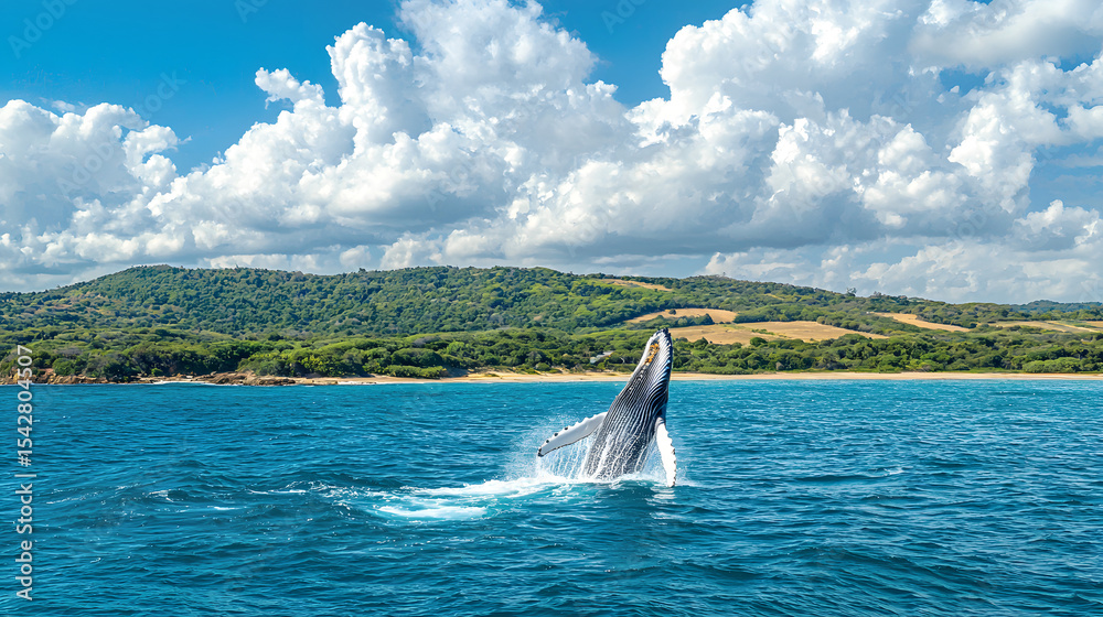 Fototapeta premium Epic view of a humpback whale breaching outside the water during a whale watching with tourists