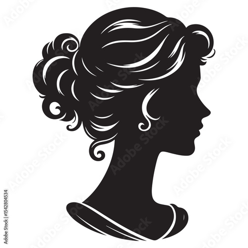 A black and white vector silhouette of a romantic cameo design with vintage charm on a white background.