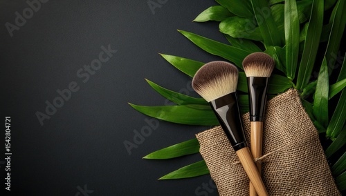 Makeup brushes on dark background with palm leaves
