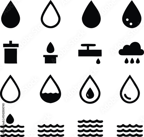 Water icons set isolated on white background. Black. such as water drop, treatment, sewage, recycle, fresh, save. Vector illustration