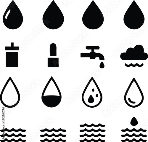 Water icons set isolated on white background. Black. such as water drop, treatment, sewage, recycle, fresh, save. Vector illustration