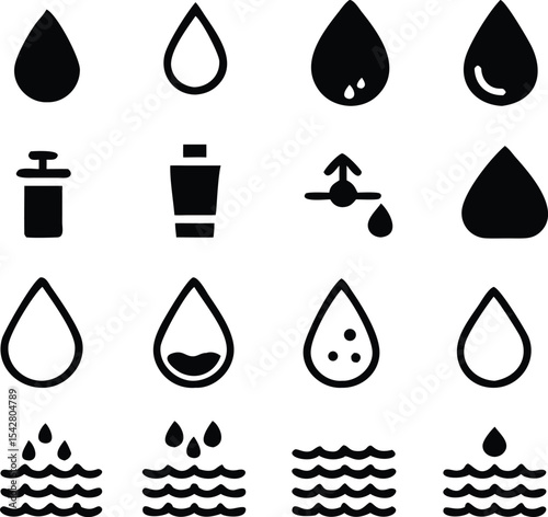 Water icons set isolated on white background. Black. such as water drop, treatment, sewage, recycle, fresh, save. Vector illustration